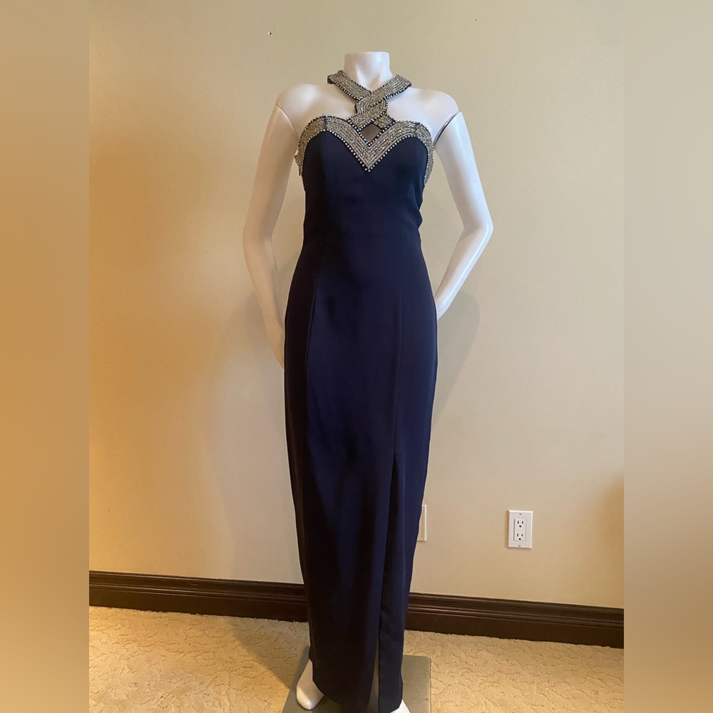 90s evening dress maxi navy blue silver Rhine stone crystal halter slit …